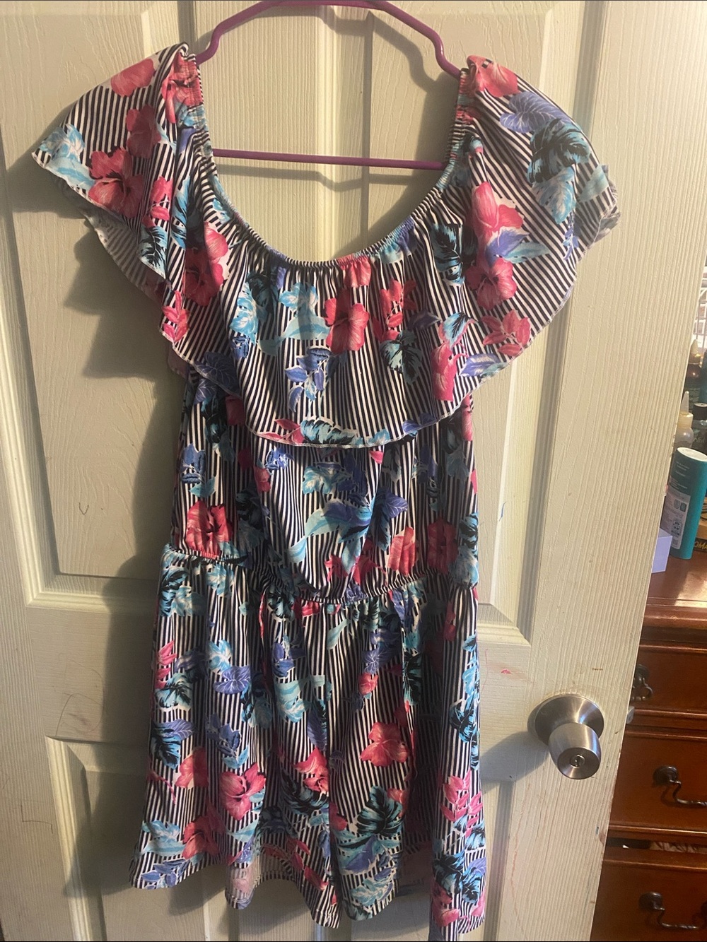 Floral Off-Shoulder Ruffle Romper in Pink & Blue and Black Stripes